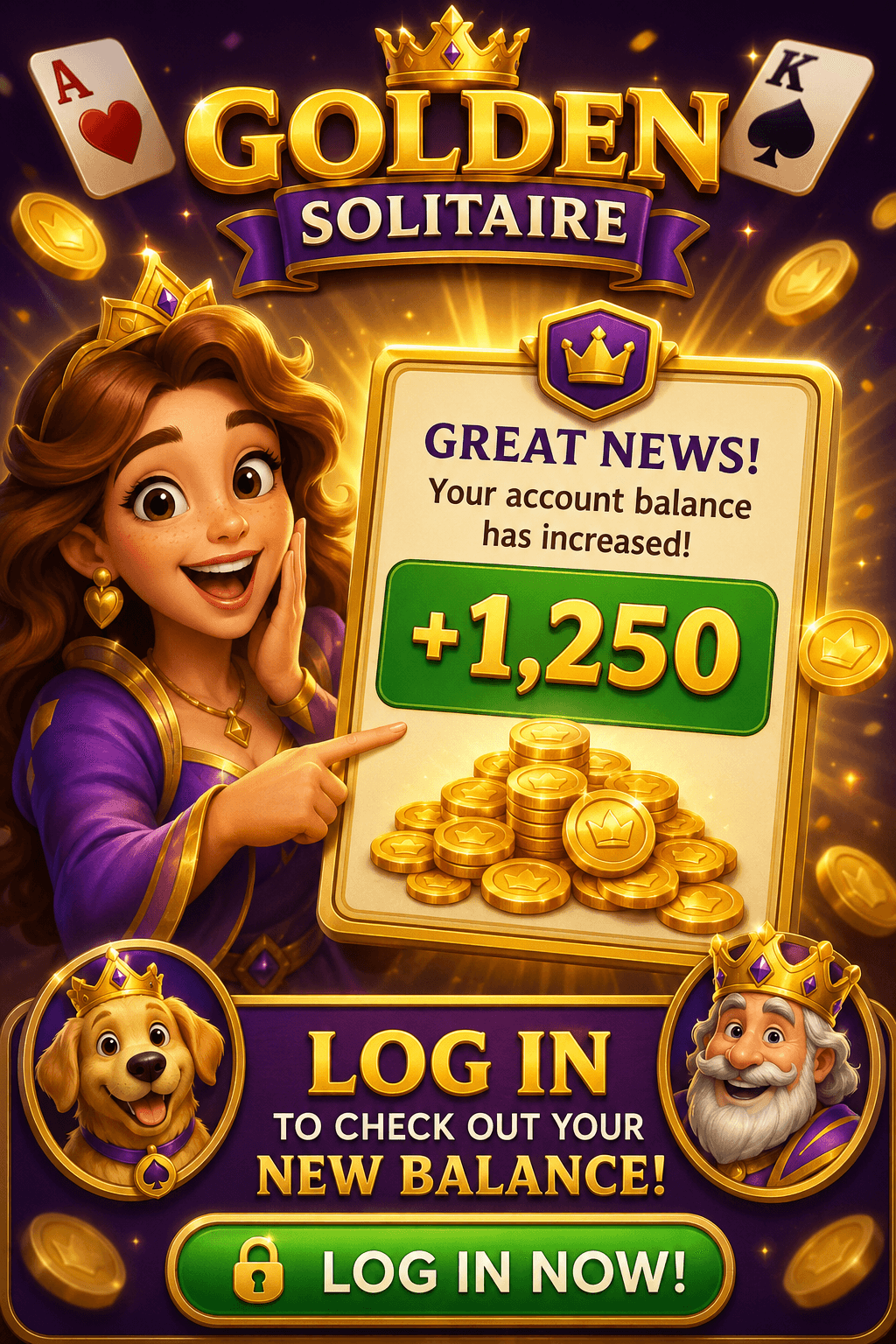 Golden Solitaire promotion showing bonus coins and a log in call to action